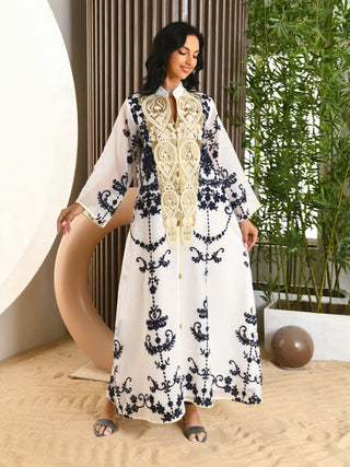 AB188#Dubai Arab Eid Al Fitr Middle East Gold Sequin Floral Embroidered Muslim Woman