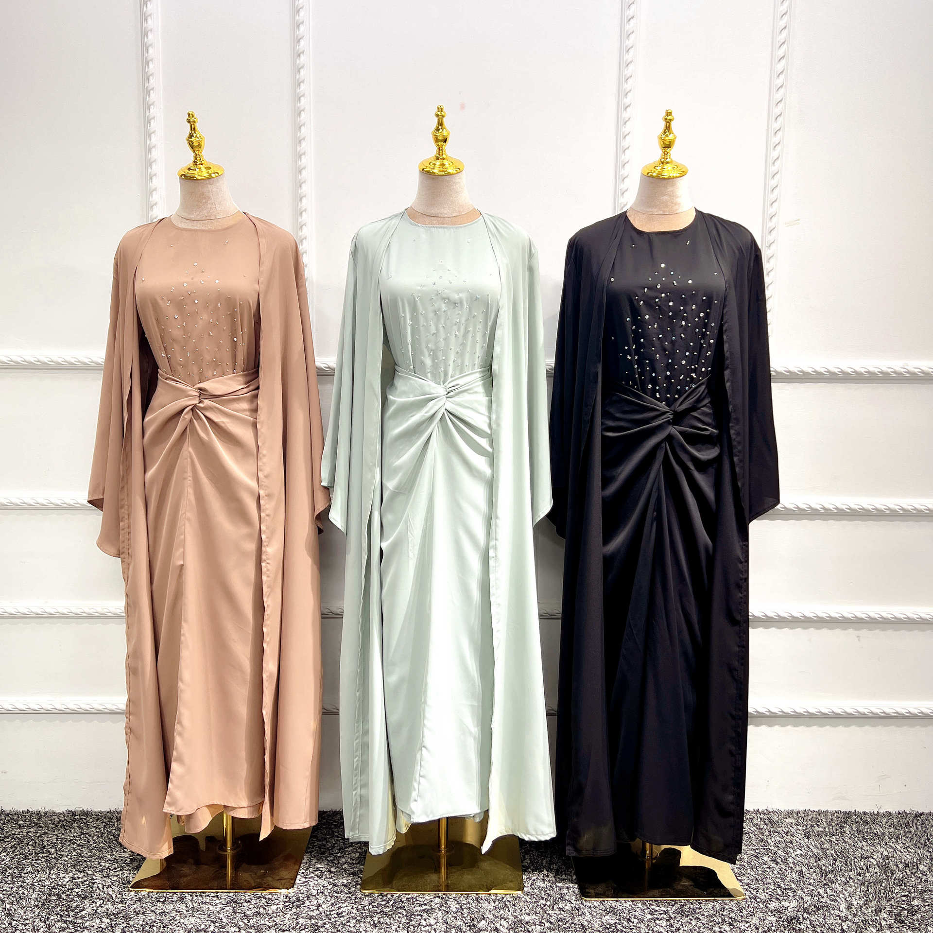 1506#3pcs Set Kimono Muslim Matching Outfit Cardigan Dress Wrap Skirt Set