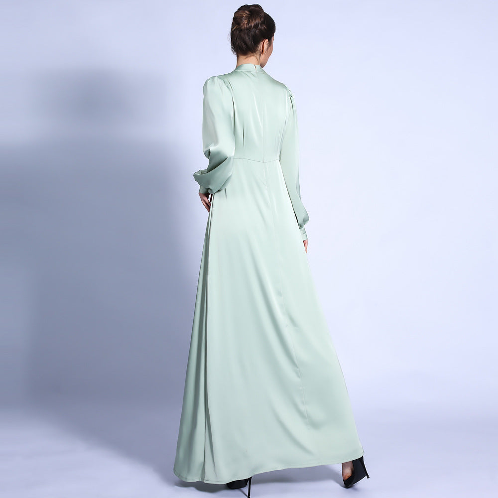 G1318#Autumn Satin Matte A-Line Dress Balloon Sleeve Basic Long Dress