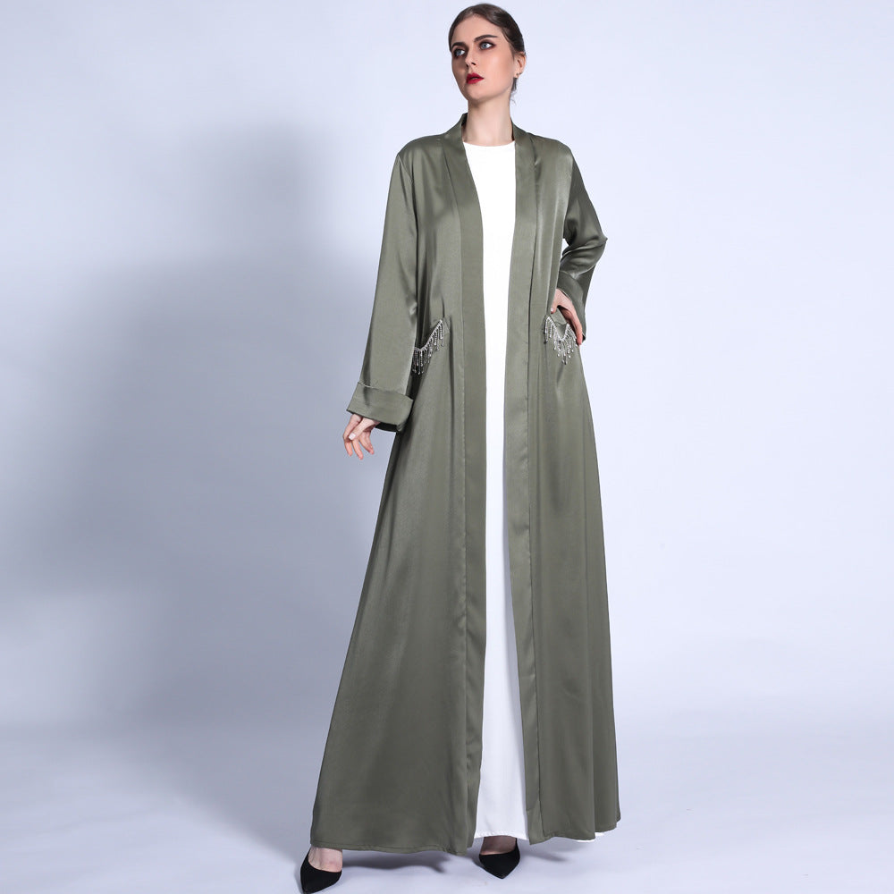 G1303#Solid Color Cuff Satin  CardiganTassel Diamond Pocket Long Dress For Women