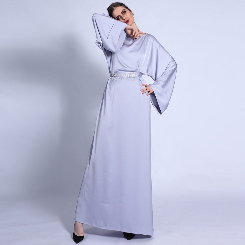 G1304#Autumn matte solid color  tassel diamond belt long muslim dress women