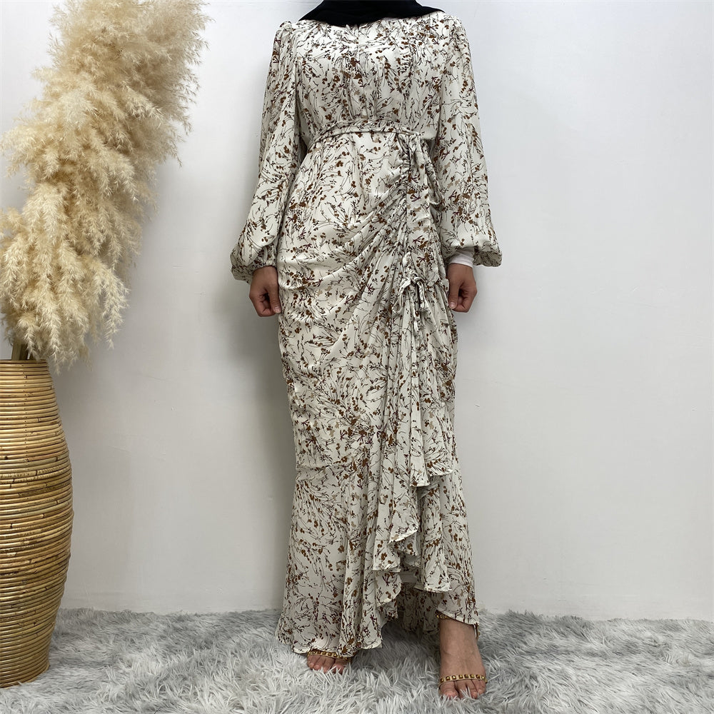 6669# Latest Design Muslim Girls Dress Floral Chiffon Abaya Women Muslim Dress