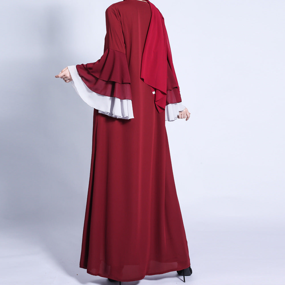 G1309#New women three-layer chiffon wave sleeves open dress