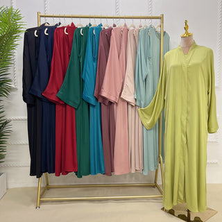 1582#Modest Dresses Solid Colors Satin Open Abaya with Side Pockets Muslim Girls Abaya