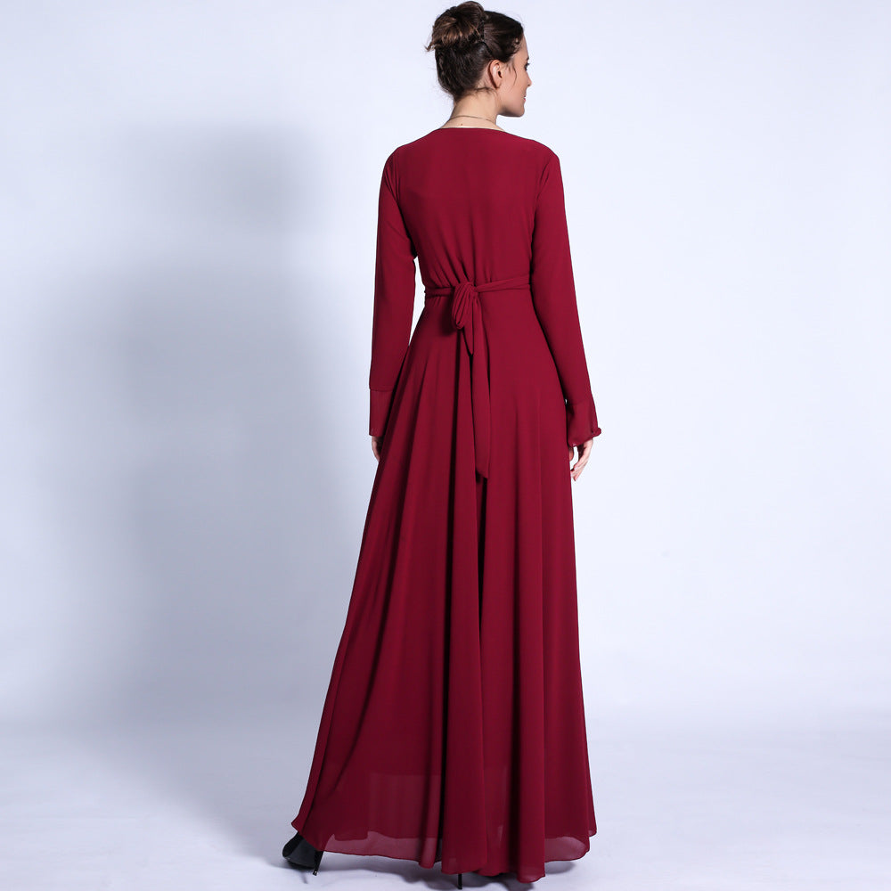 G1330#Autumn new V-neck chiffon solid color muslim dress