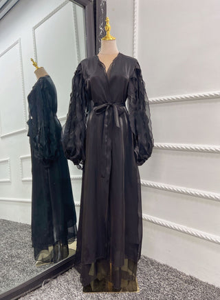 1519#Dubai style 2 layer organza women open abaya with ribbons sleeves