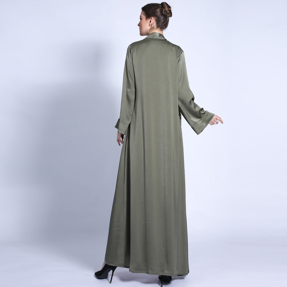 G1303#Solid Color Cuff Satin  CardiganTassel Diamond Pocket Long Dress For Women