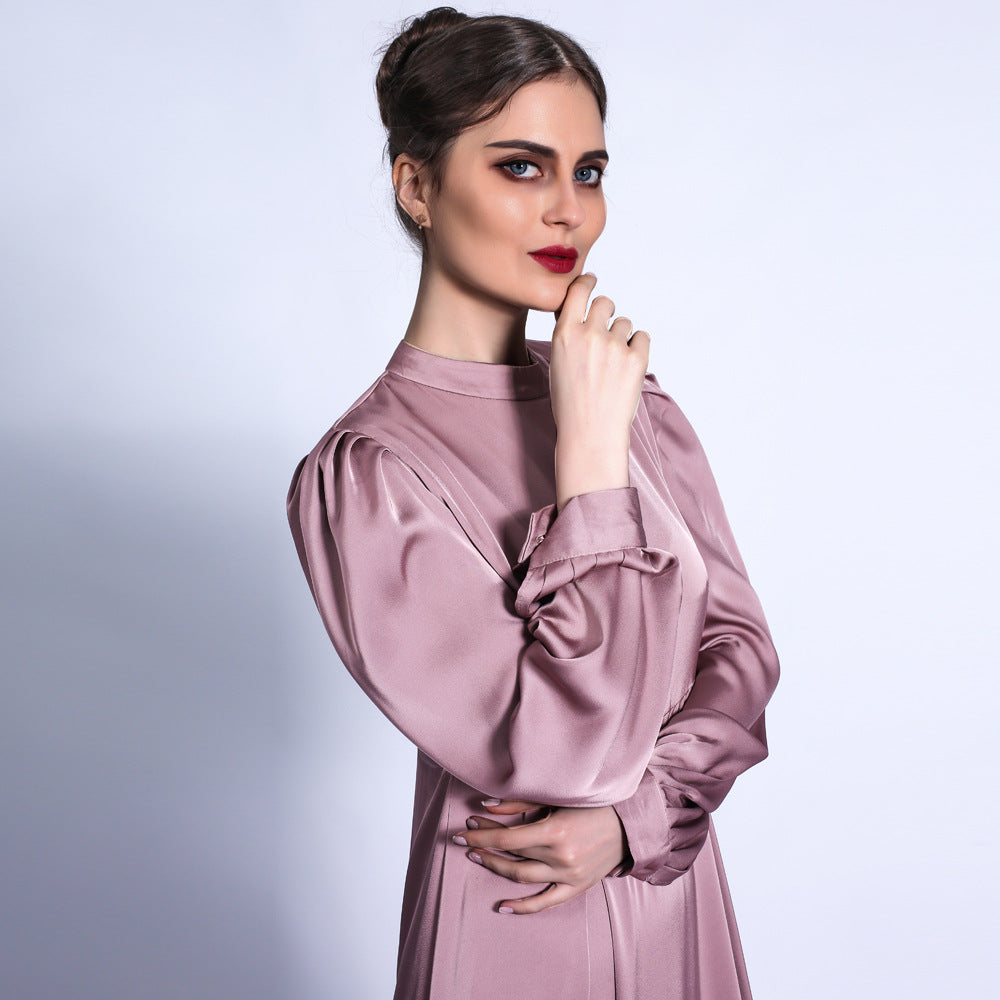 G1318#Autumn Satin Matte A-Line Dress Balloon Sleeve Basic Long Dress