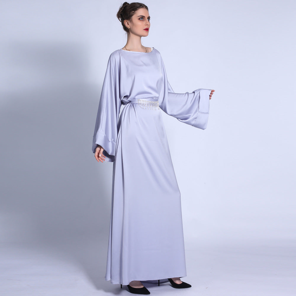 G1304#Autumn matte solid color  tassel diamond belt long muslim dress women