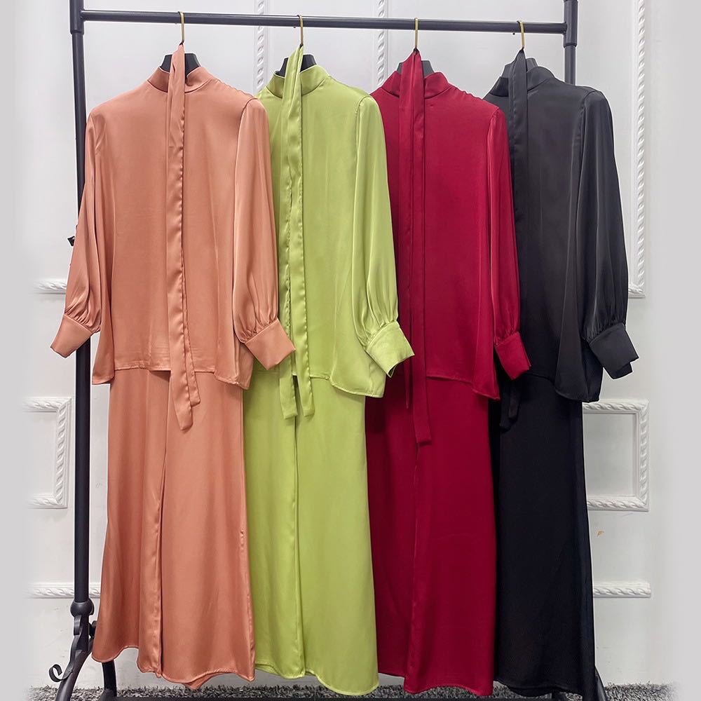 5A6F1# Modest Abaya Set for Muslim Girls Abaya Top and Pants Two Pieces Set