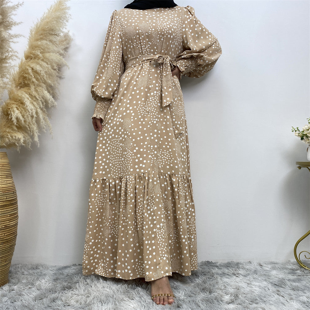 6541#Polka Dot Printed Maxi Dress Ladies Muslim Abaya Dresses Islamic Clothing