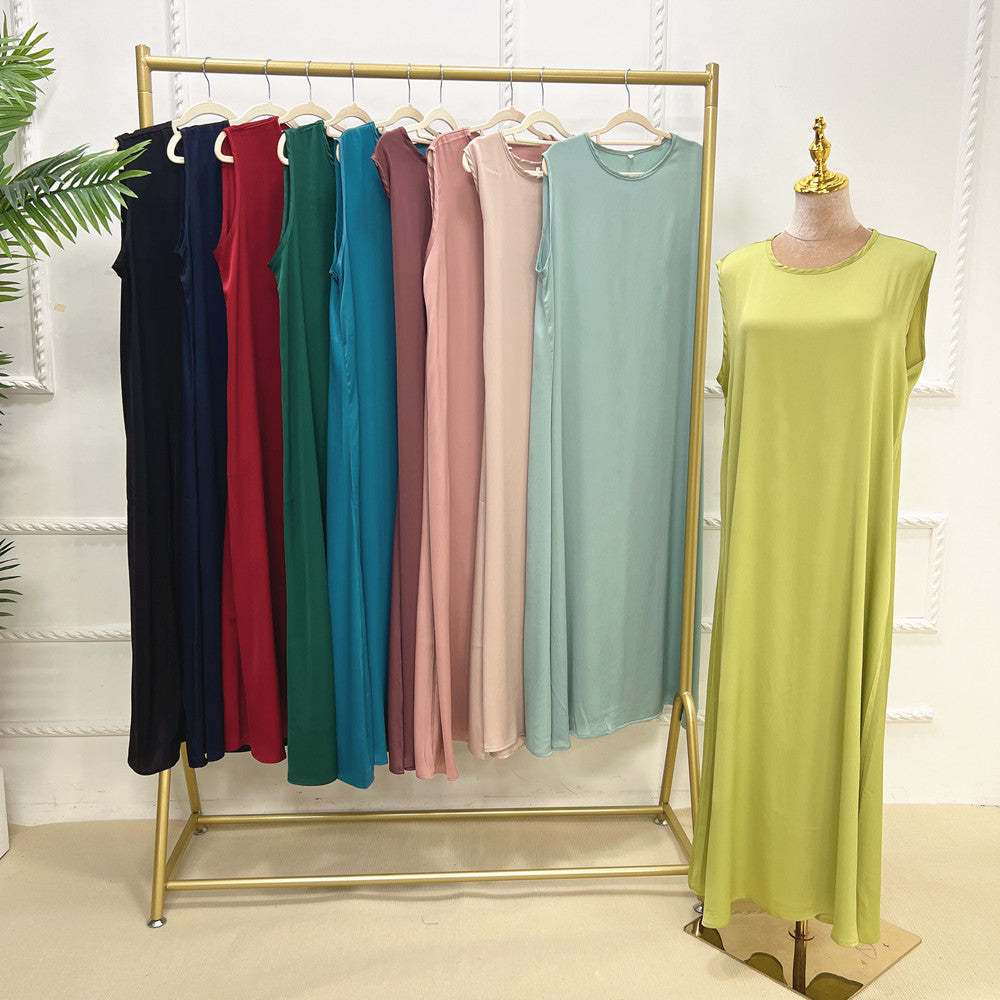 1584#EID Slip Dress Inner Basic Sleeveless Maix Dress Satin Abaya
