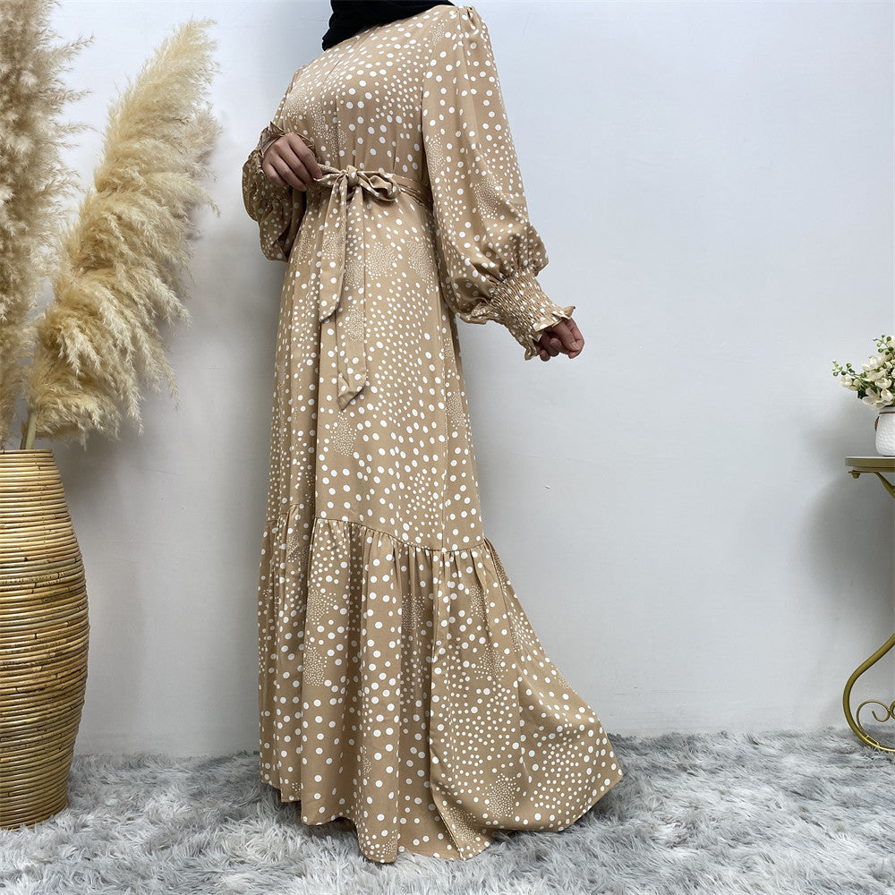 6541#Polka Dot Printed Maxi Dress Ladies Muslim Abaya Dresses Islamic Clothing