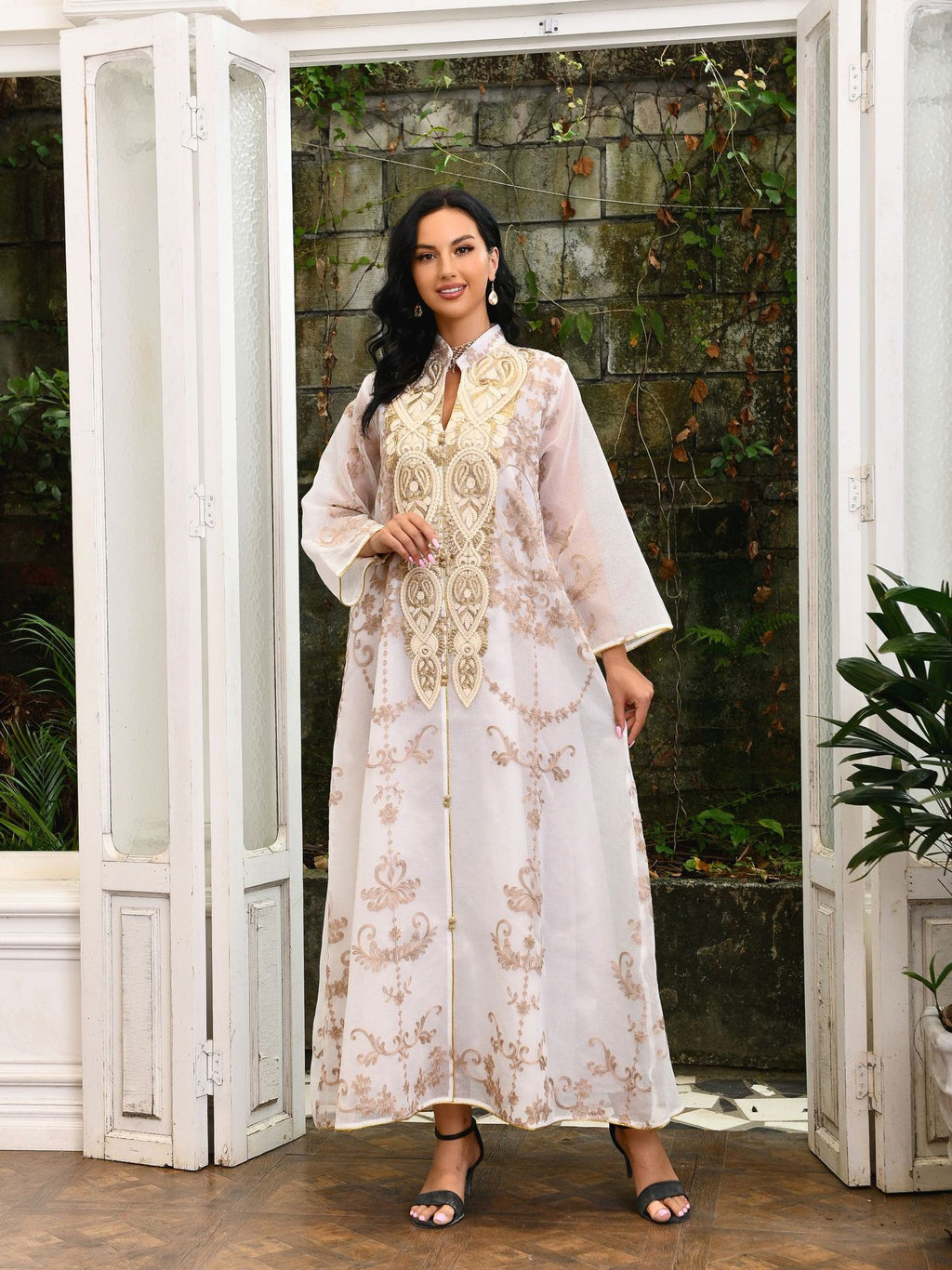AB188#Dubai Arab Eid Al Fitr Middle East Gold Sequin Floral Embroidered Muslim Woman
