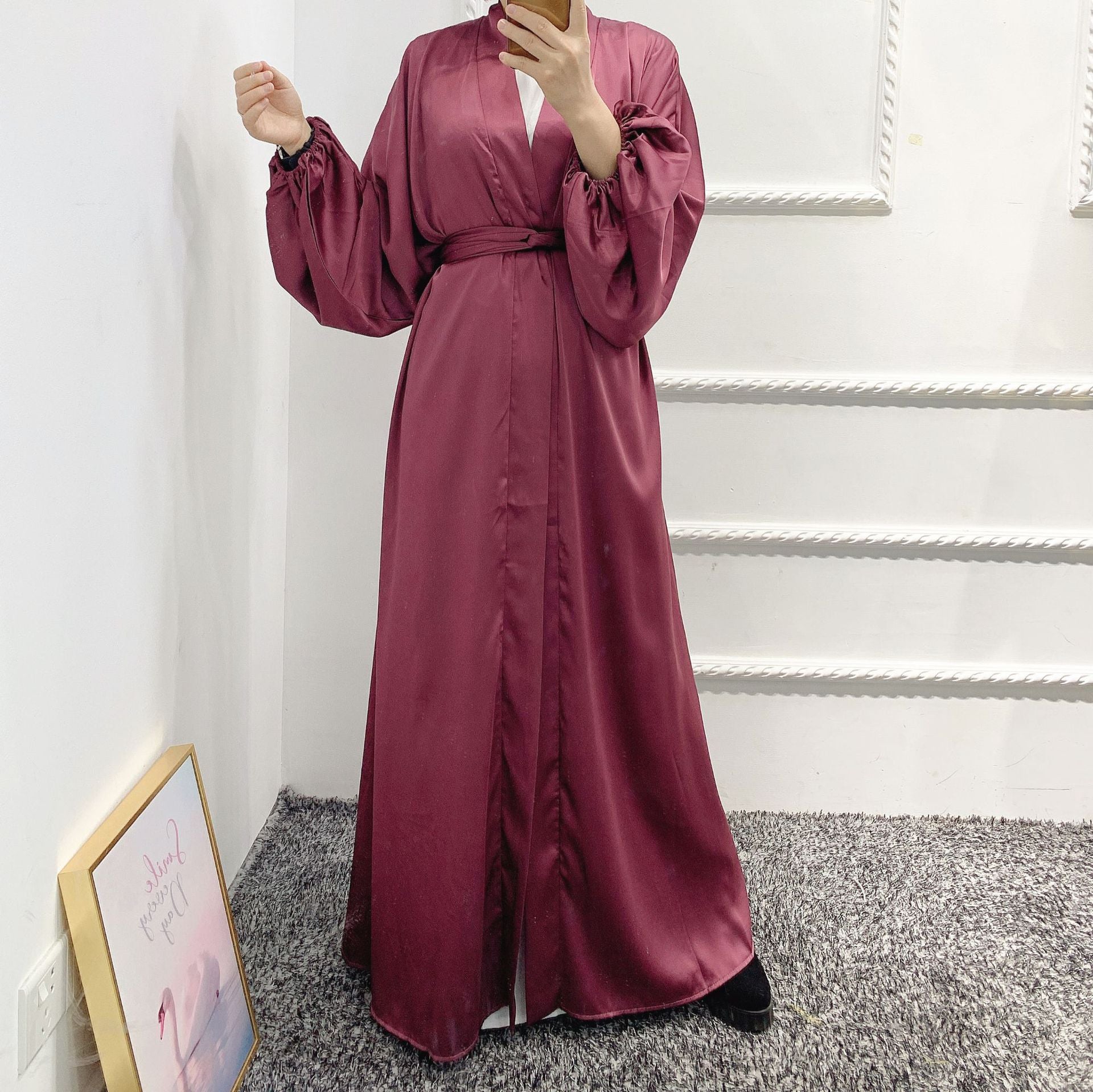 1431#Wholesale Dubai Satin Elegant Abaya Muslim Women Puff Sleeve Plus Size Abaya