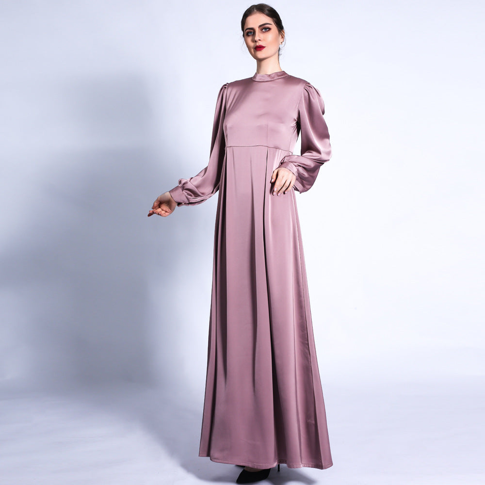 G1318#Autumn Satin Matte A-Line Dress Balloon Sleeve Basic Long Dress