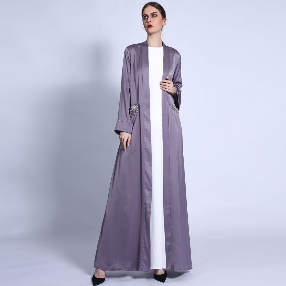 G1303#Solid Color Cuff Satin  CardiganTassel Diamond Pocket Long Dress For Women