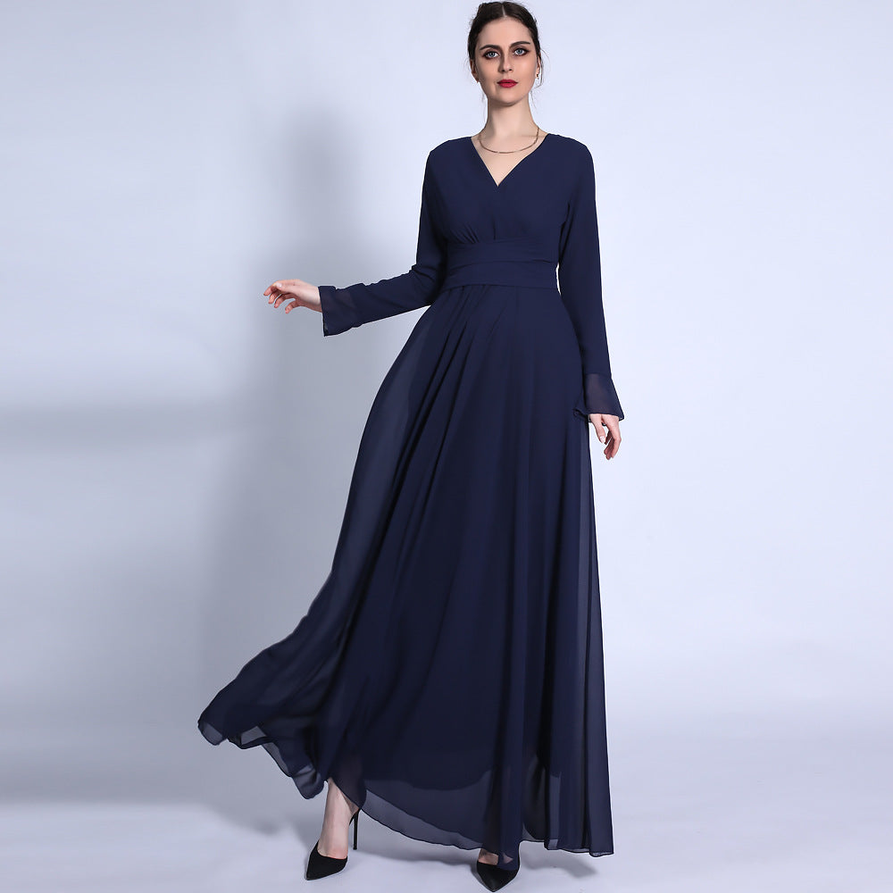 G1330#Autumn new V-neck chiffon solid color muslim dress