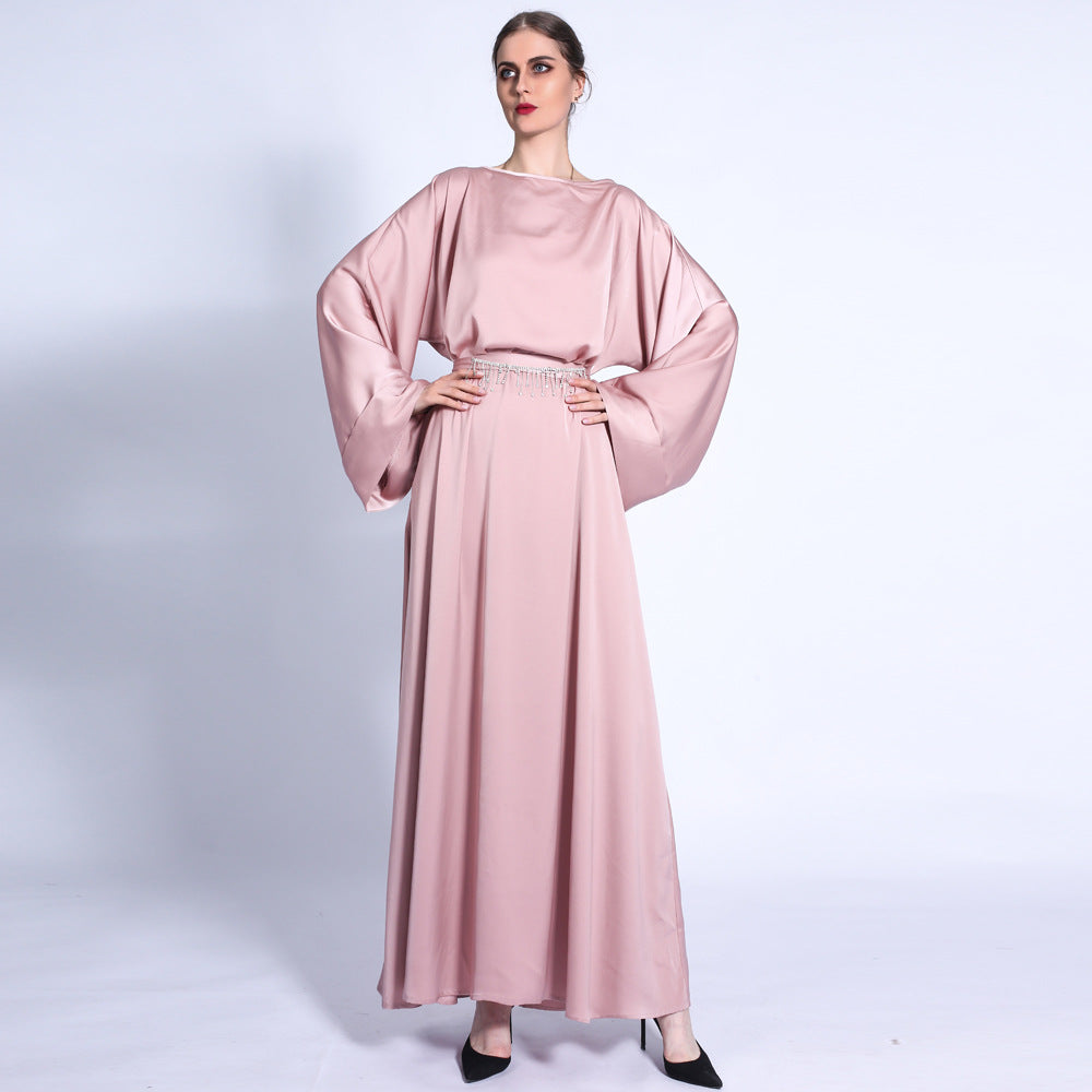 G1304#Autumn matte solid color  tassel diamond belt long muslim dress women