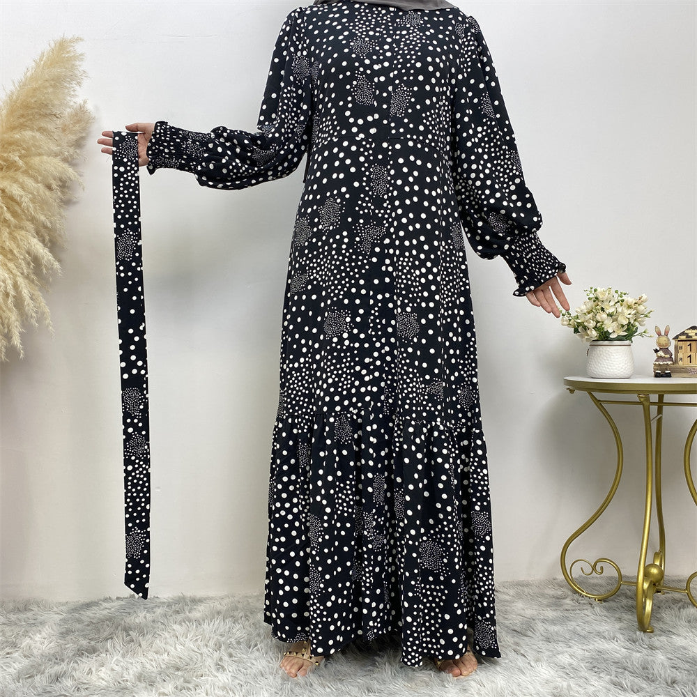 6541#Polka Dot Printed Maxi Dress Ladies Muslim Abaya Dresses Islamic Clothing