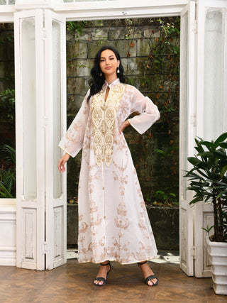 AB188#Dubai Arab Eid Al Fitr Middle East Gold Sequin Floral Embroidered Muslim Woman