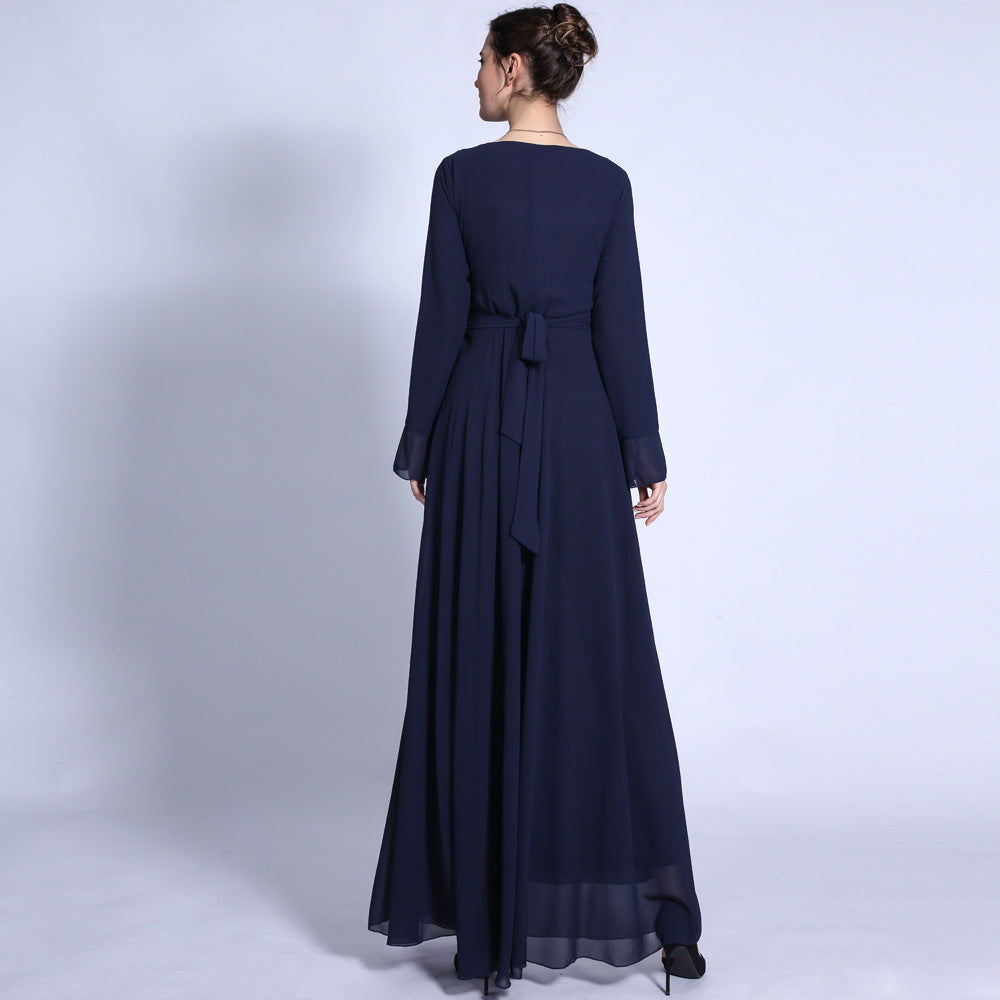 G1330#Autumn new V-neck chiffon solid color muslim dress