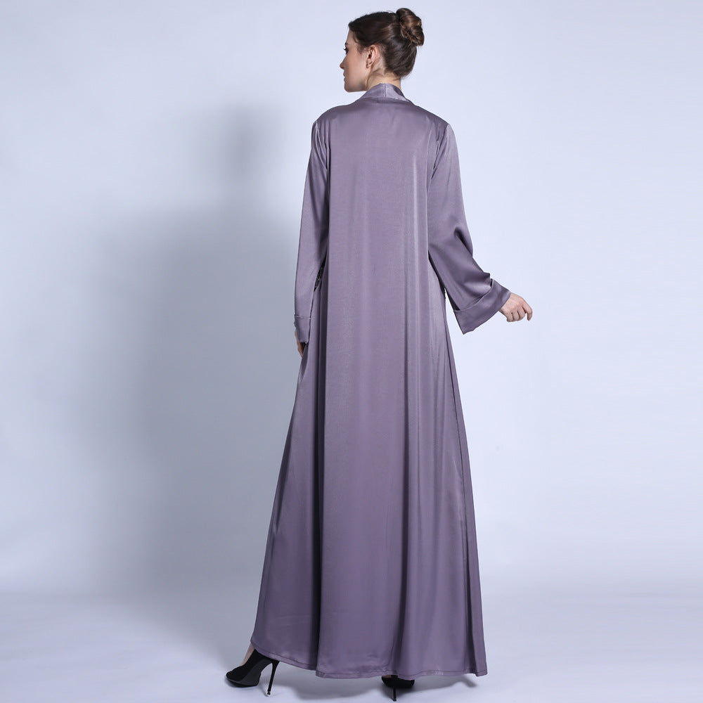 G1303#Solid Color Cuff Satin  CardiganTassel Diamond Pocket Long Dress For Women