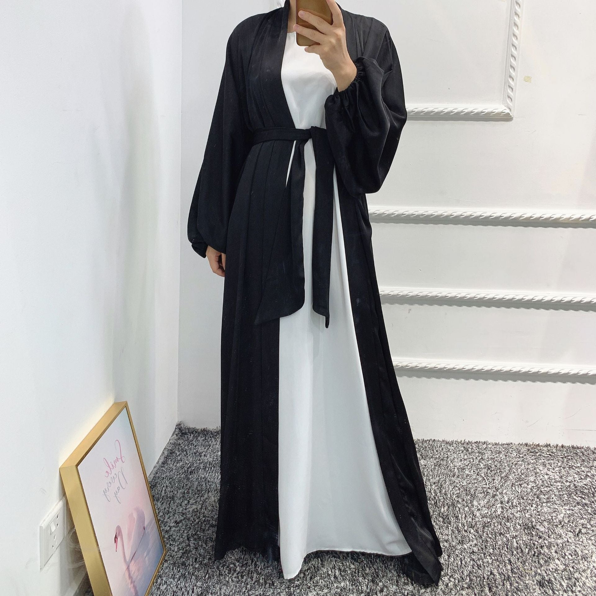 1431#Wholesale Dubai Satin Elegant Abaya Muslim Women Puff Sleeve Plus Size Abaya