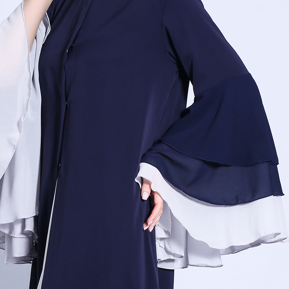 G1309#New women three-layer chiffon wave sleeves open dress