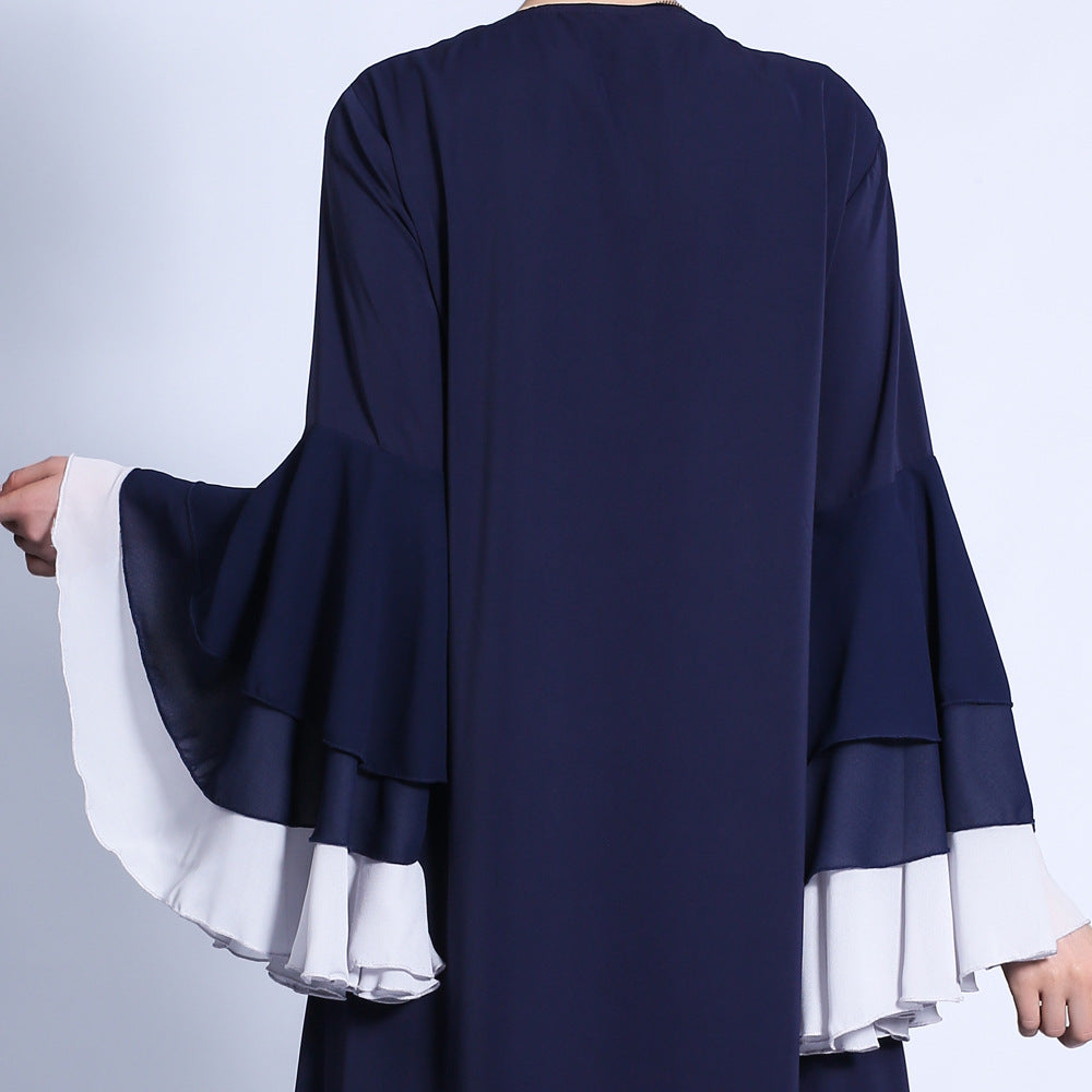 G1309#New women three-layer chiffon wave sleeves open dress