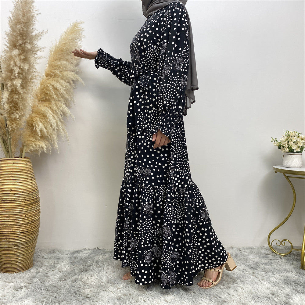 6541#Polka Dot Printed Maxi Dress Ladies Muslim Abaya Dresses Islamic Clothing
