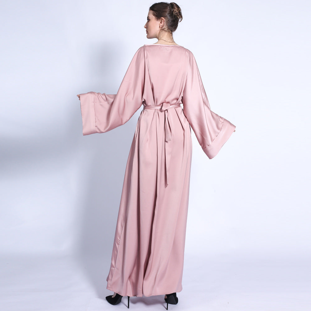 G1304#Autumn matte solid color  tassel diamond belt long muslim dress women