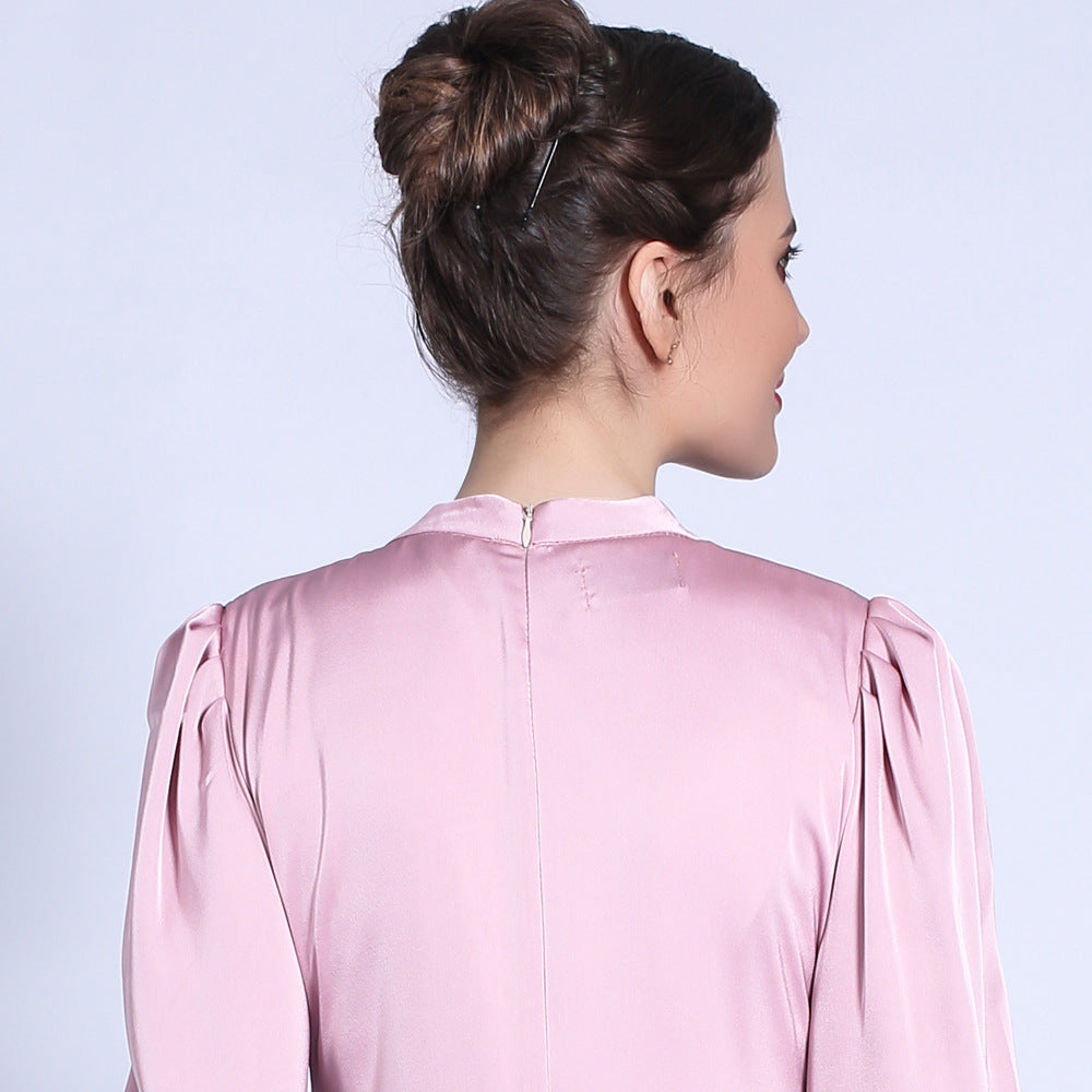 G1318#Autumn Satin Matte A-Line Dress Balloon Sleeve Basic Long Dress
