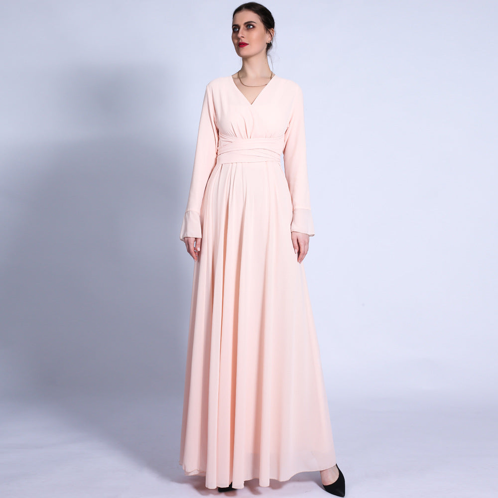 G1330#Autumn new V-neck chiffon solid color muslim dress