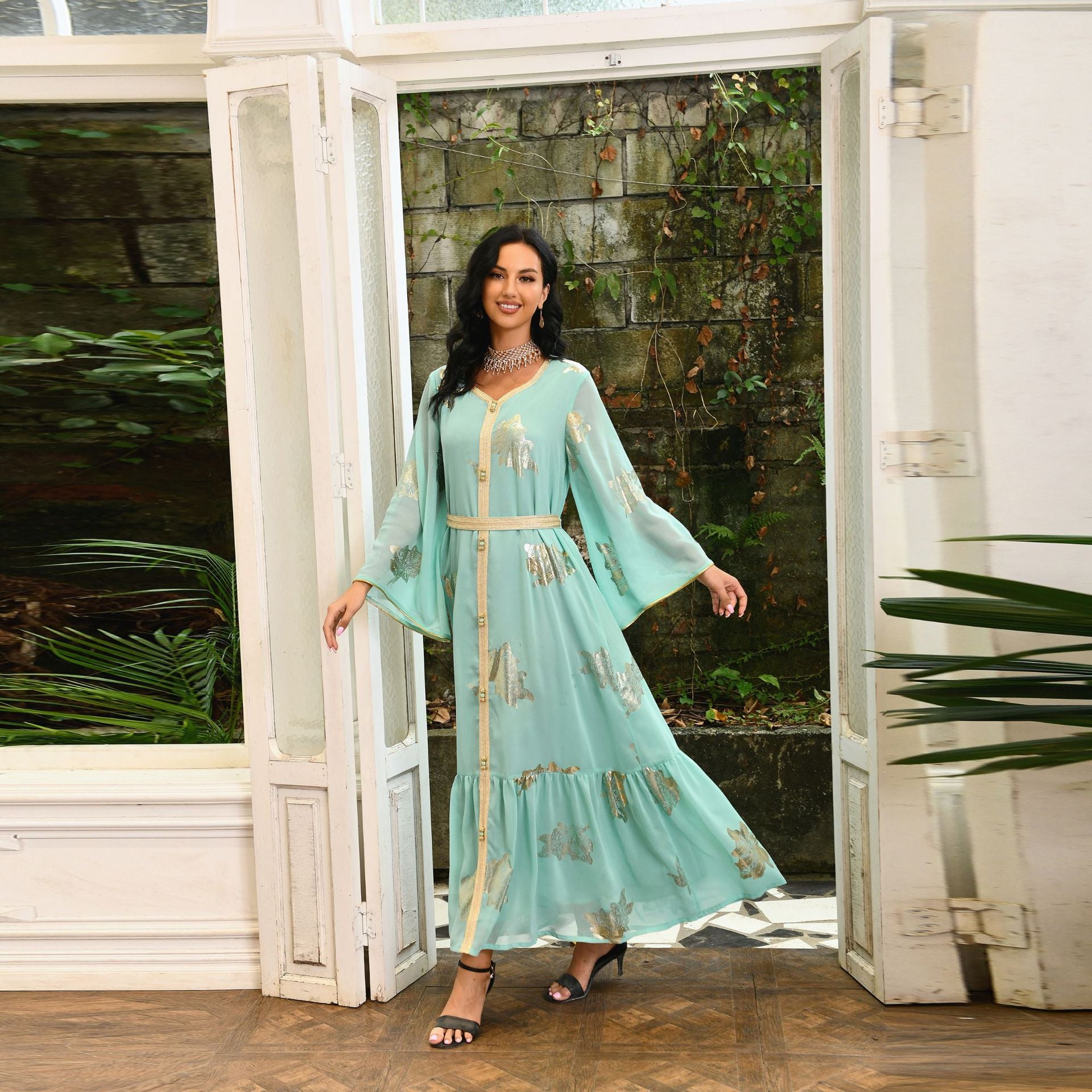 AB212#Chiffon elegant long sleeve dresses maxi abaya women