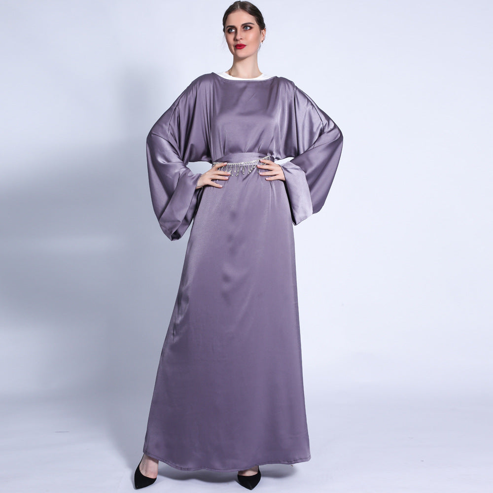 G1304#Autumn matte solid color  tassel diamond belt long muslim dress women