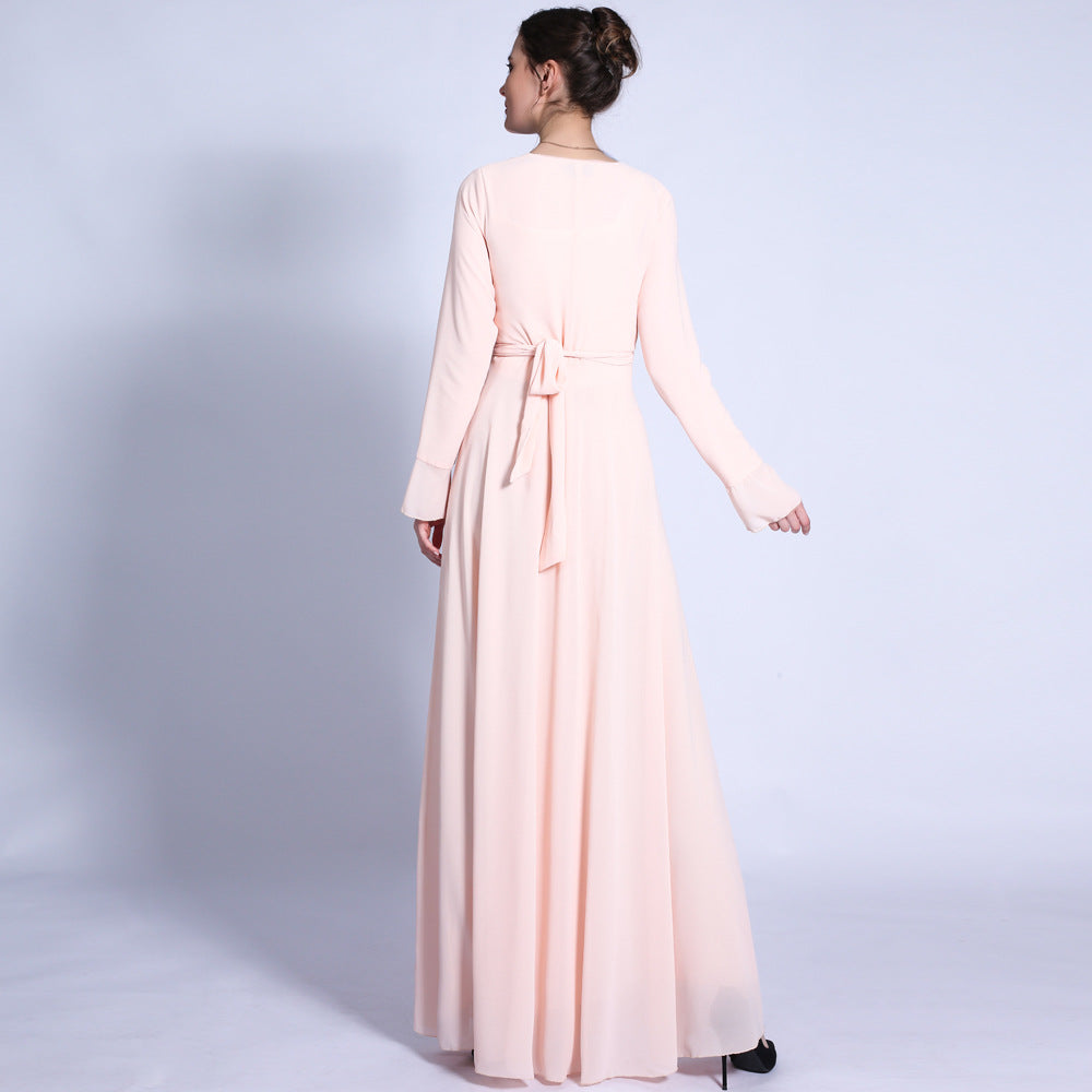 G1330#Autumn new V-neck chiffon solid color muslim dress