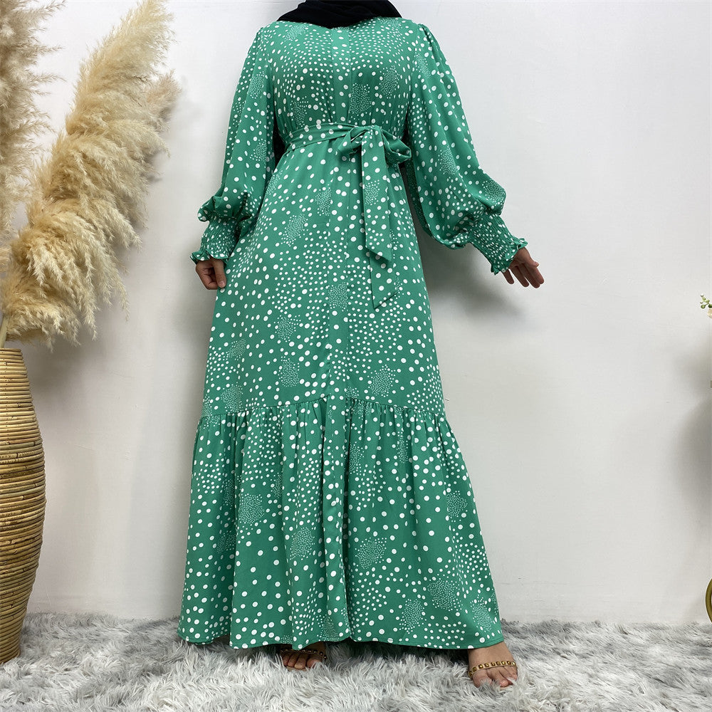 6541#Polka Dot Printed Maxi Dress Ladies Muslim Abaya Dresses Islamic Clothing