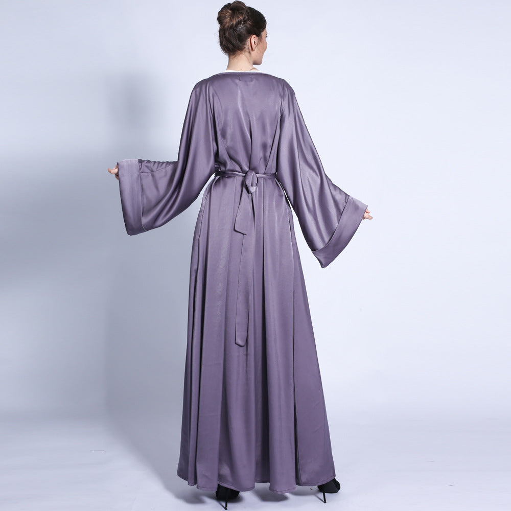 G1304#Autumn matte solid color  tassel diamond belt long muslim dress women