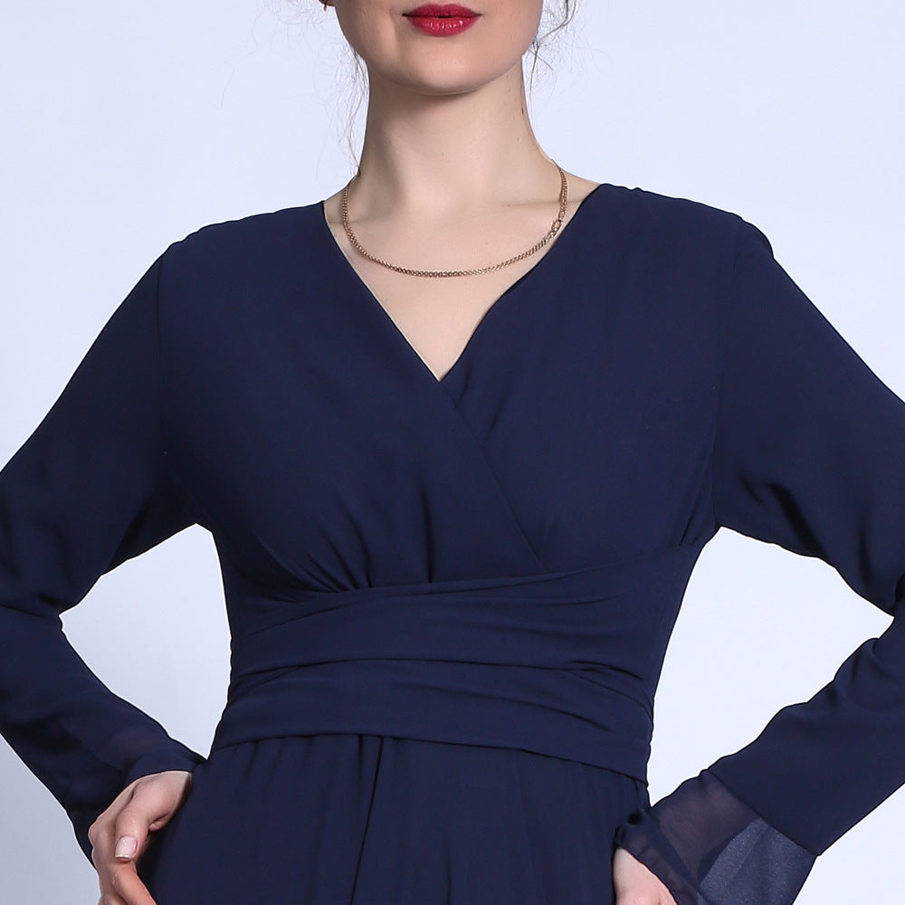G1330#Autumn new V-neck chiffon solid color muslim dress