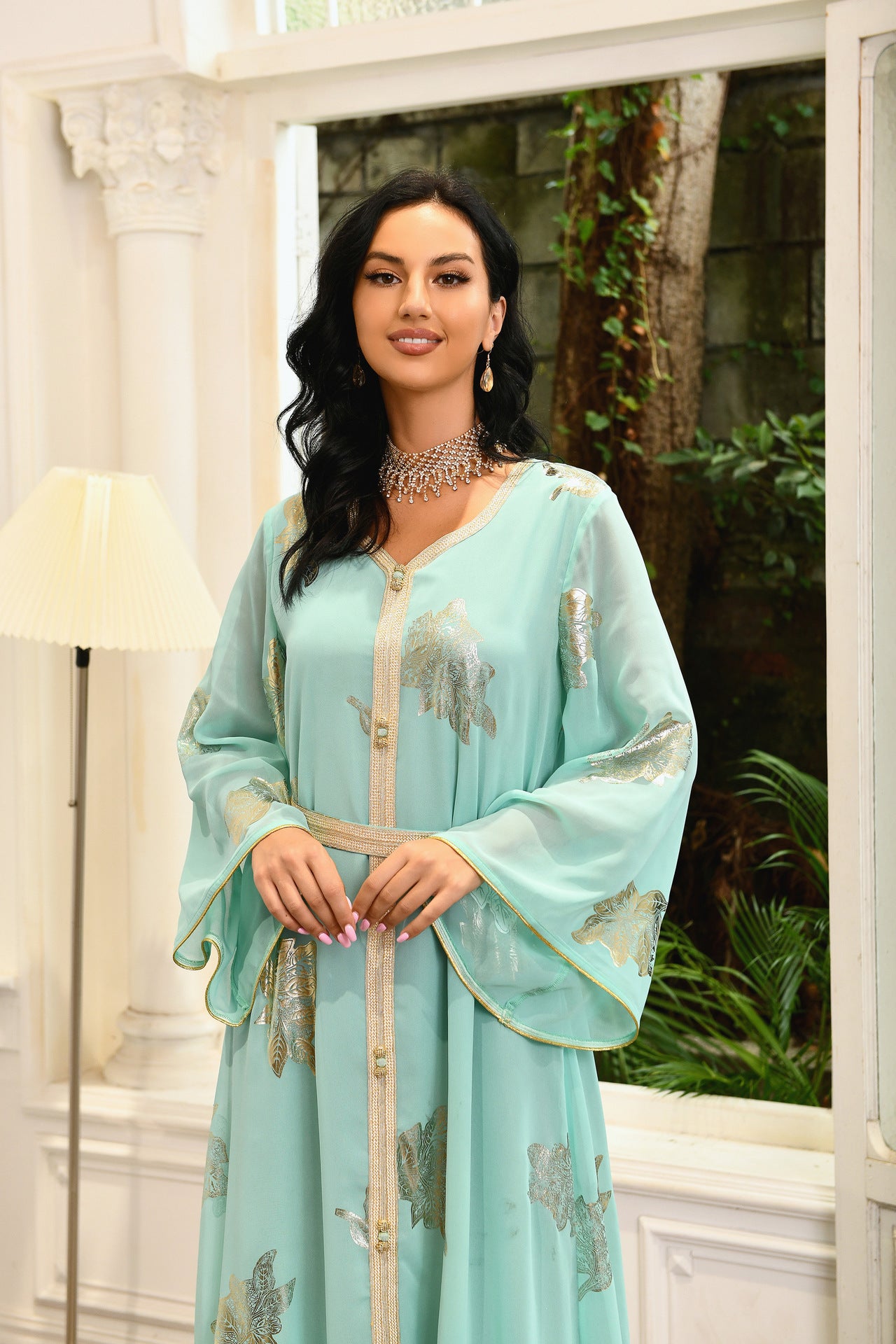 AB212#Chiffon elegant long sleeve dresses maxi abaya women