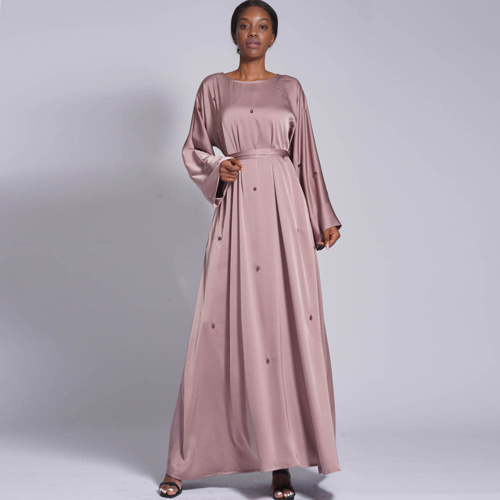 221008#New  Satin Hot Diamond Dress Solid Color Loose Waist Belt Long Dress