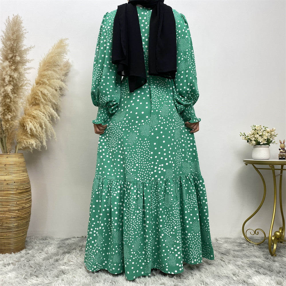 6541#Polka Dot Printed Maxi Dress Ladies Muslim Abaya Dresses Islamic Clothing