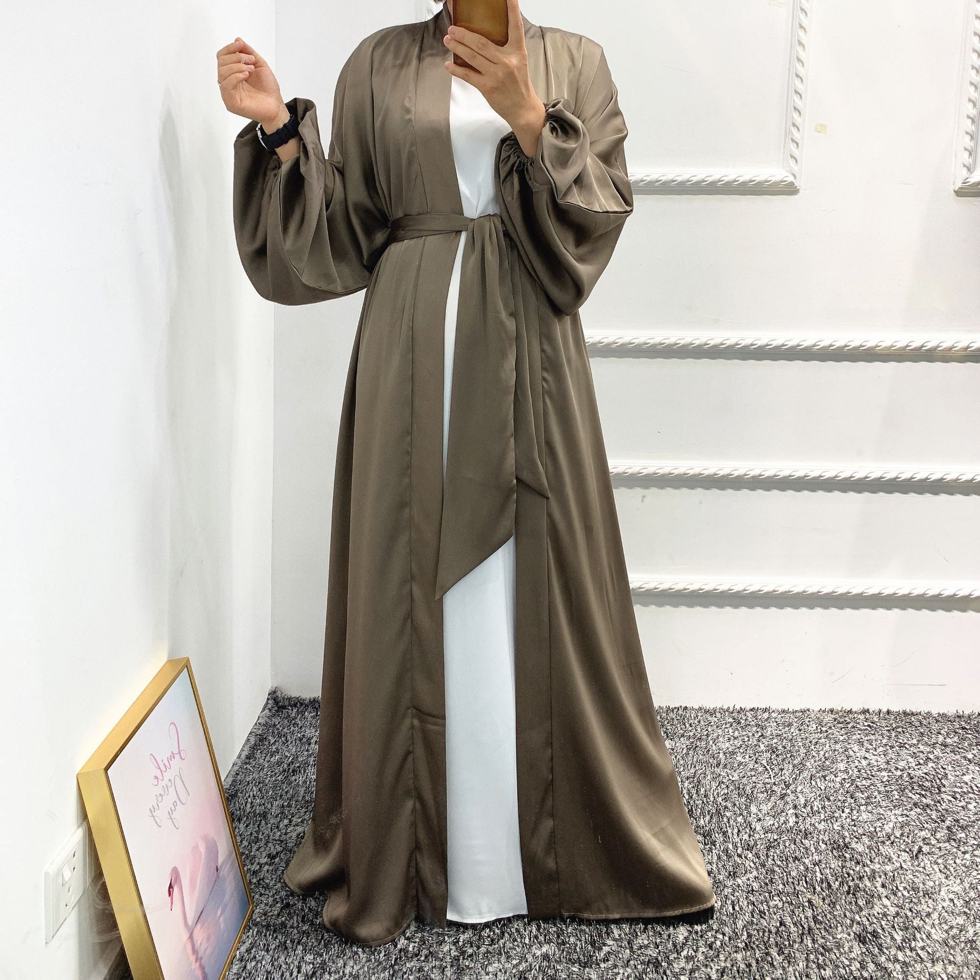 1431#Wholesale Dubai Satin Elegant Abaya Muslim Women Puff Sleeve Plus Size Abaya