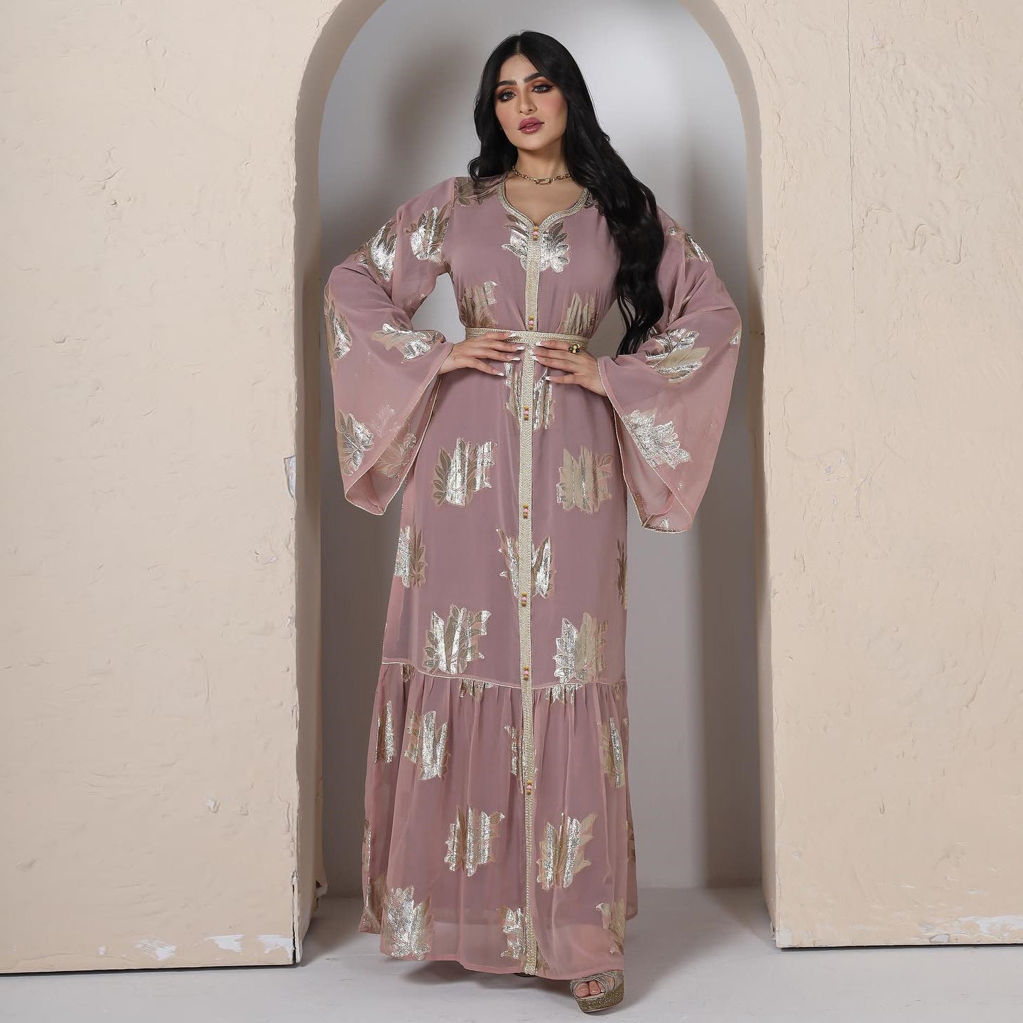 AB212#Chiffon elegant long sleeve dresses maxi abaya women