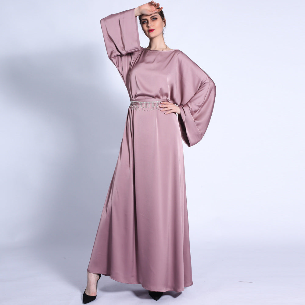 G1304#Autumn matte solid color  tassel diamond belt long muslim dress women