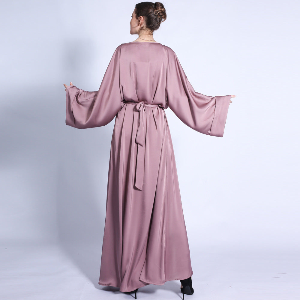 G1304#Autumn matte solid color  tassel diamond belt long muslim dress women