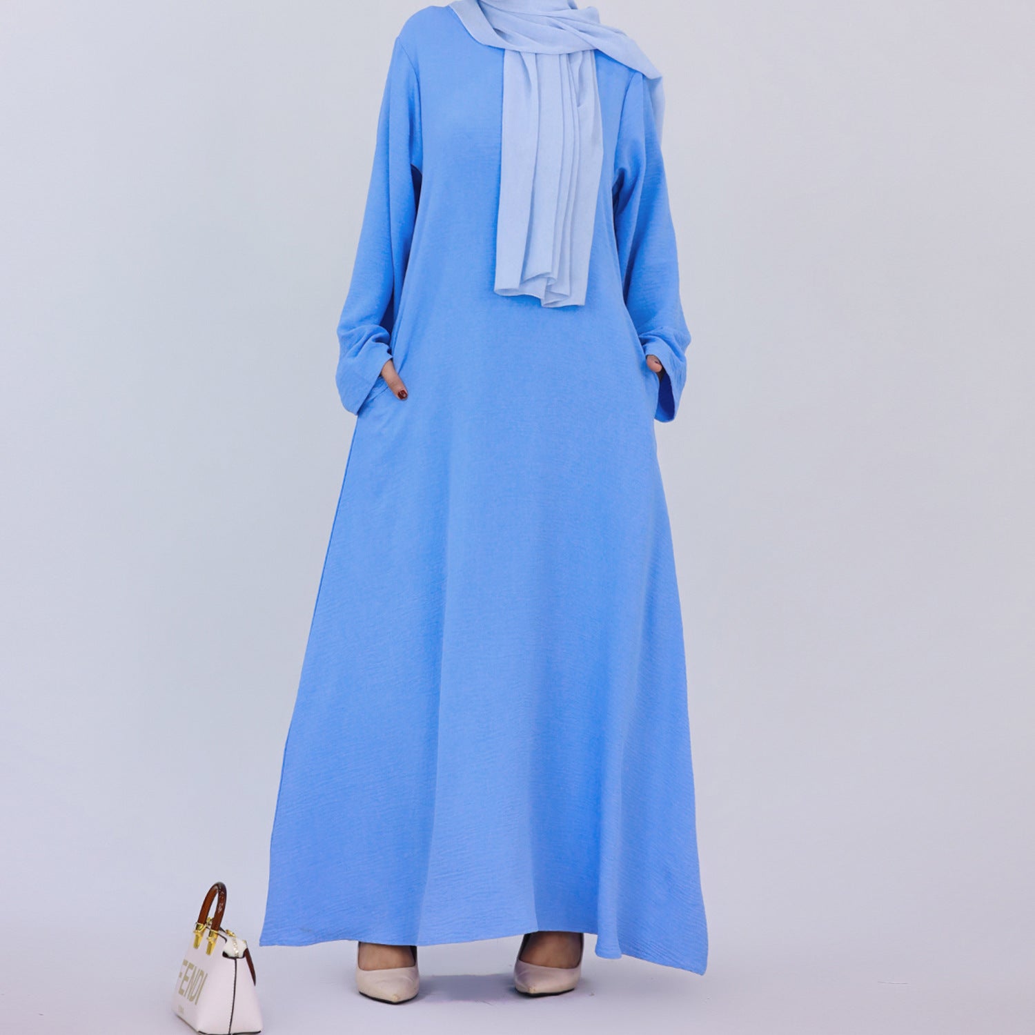 1593#On Sale Solid Color Long Sleeve Islamic Clothing Modest Closed Abaya Dress