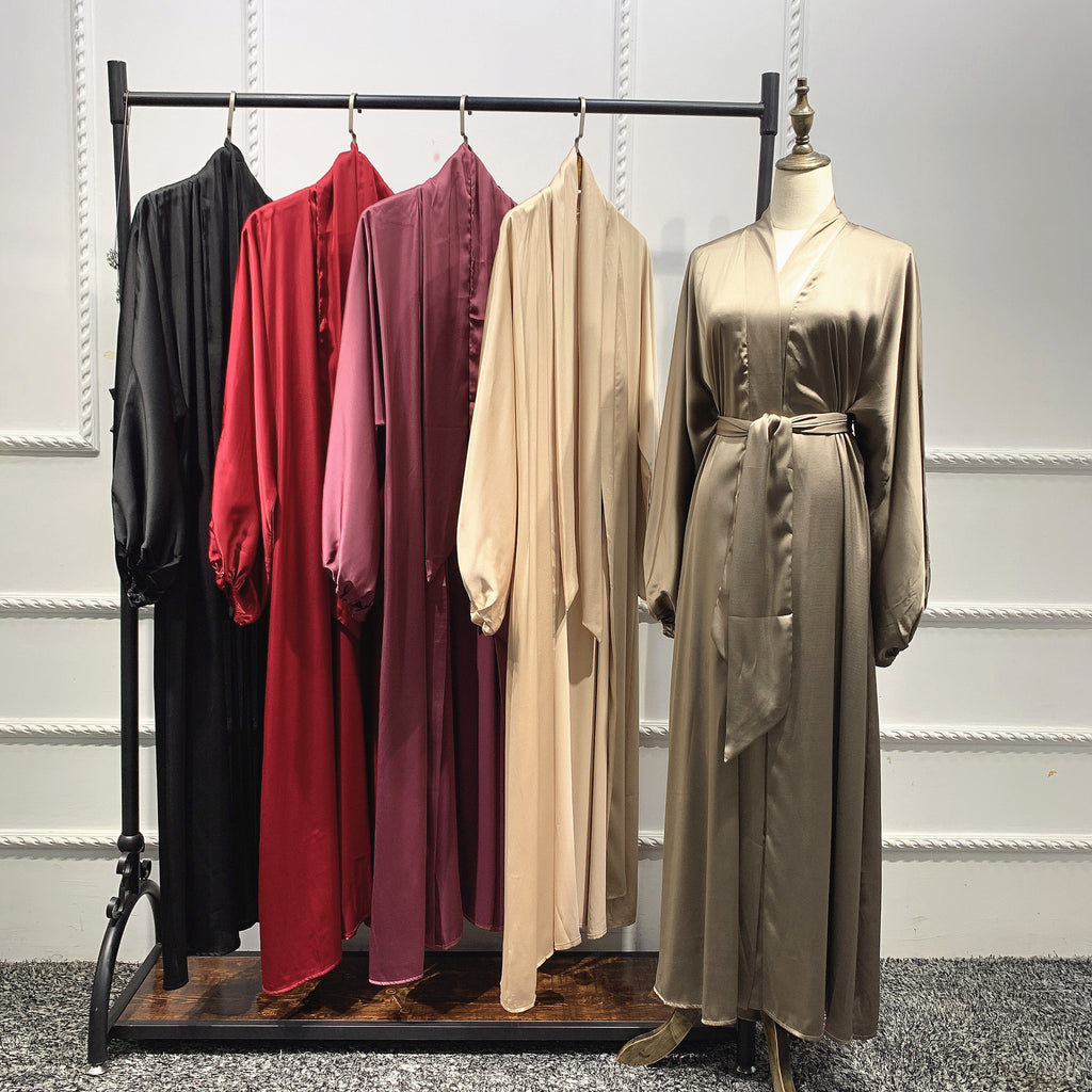 1431#Wholesale Dubai Satin Elegant Abaya Muslim Women Puff Sleeve Plus Size Abaya
