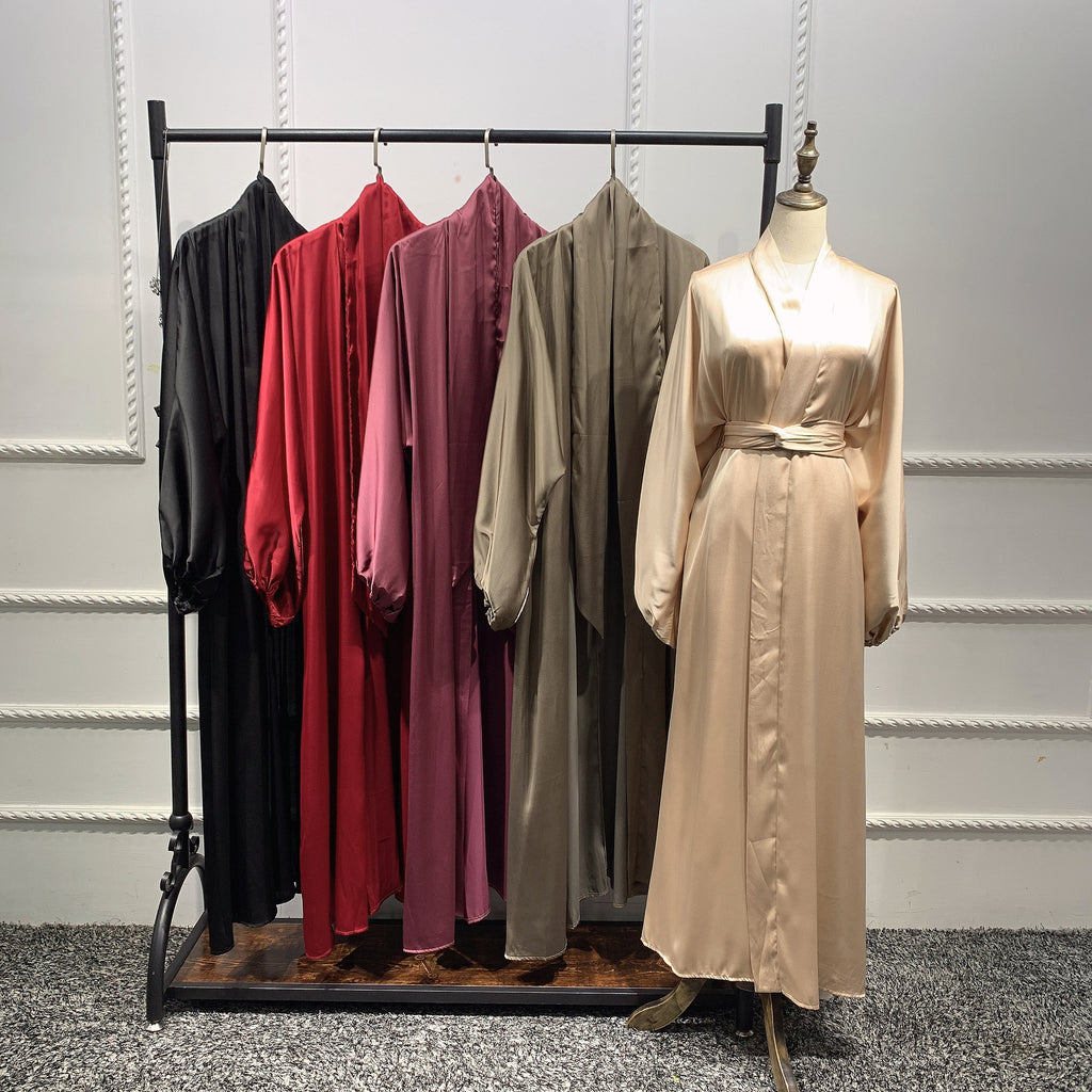 1431#Wholesale Dubai Satin Elegant Abaya Muslim Women Puff Sleeve Plus Size Abaya